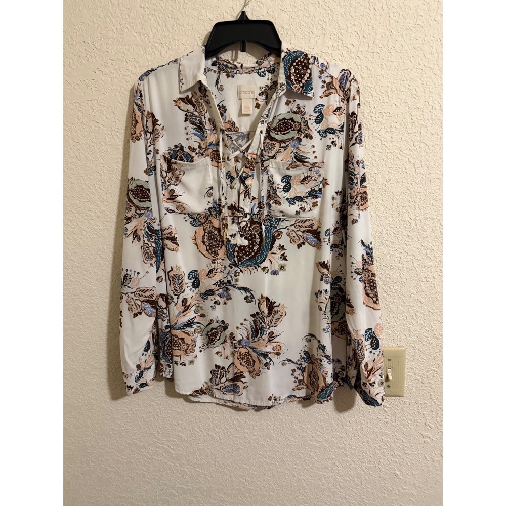 Chico's White Paisley Floral Lace-Up V-Neck Long Sleeve Blouse Top Size 1 Medium